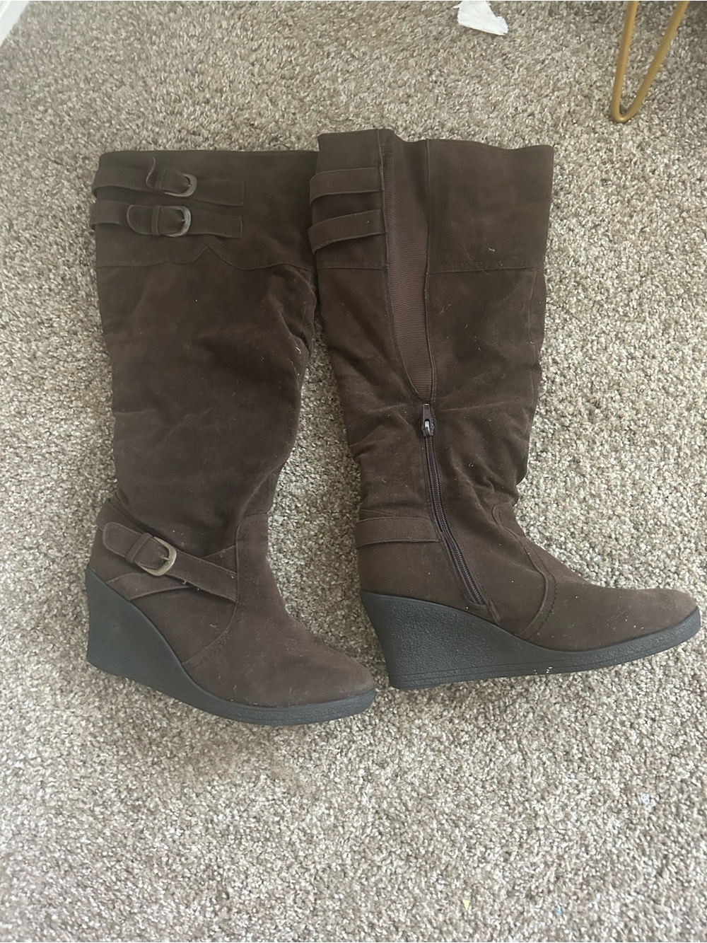 Brown Suede Tall Buckle Boots
